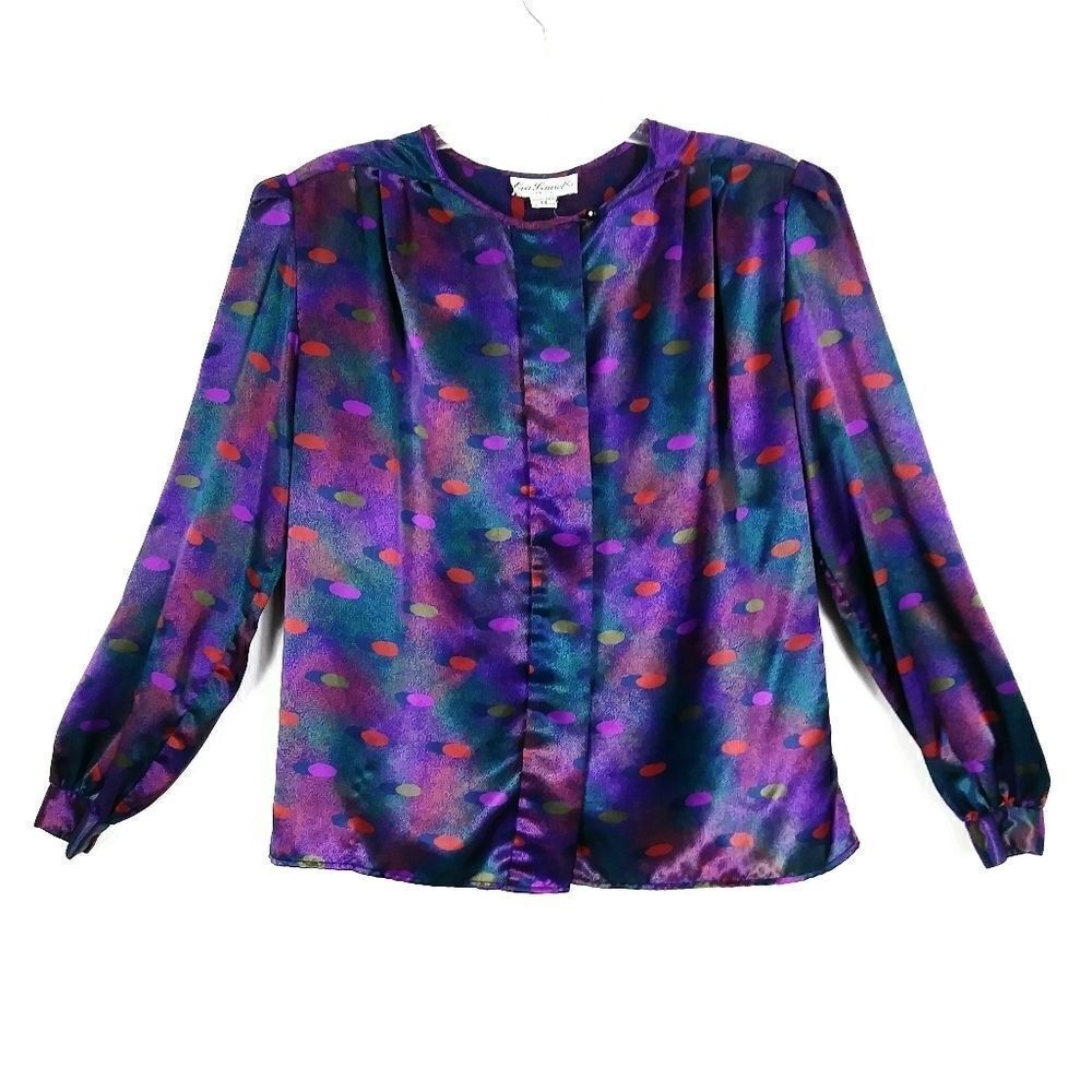 Vintage Purple Spotted Silkly Button Down Blouse